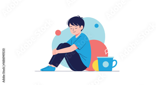 Young person feeling lonely and isolated sitting in a room with toys and a cup nearby representing childhood sadness and mental well being