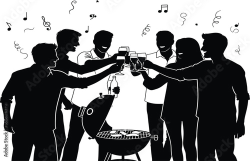 Silhouette of friends toasting drinks at a barbecue party with music notes vector