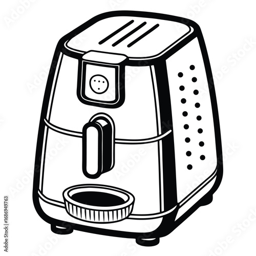 Whimsical Retro Black and White Air Fryer Illustration with Rounded Edges and Simple Design, Perfect for Adding a Touch of Vintage Charm