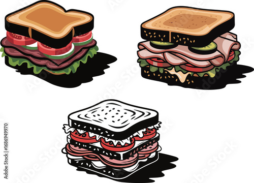 Deliciously Three stacked sandwich with ham lettuce tomato and pickles