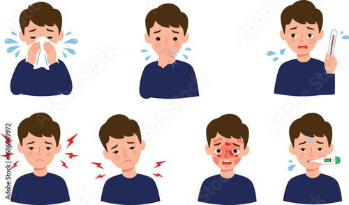 Sick boy with flu symptoms, fever, headache, cough, sore throat, sneezing, runny nose, illness, infection, cold, virus, healthcare illustration.