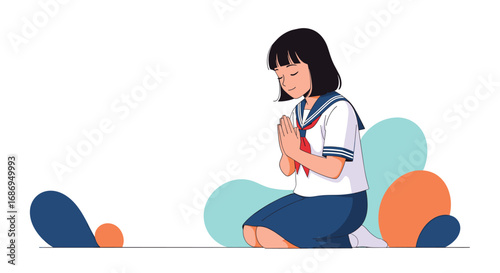 Japanese school girl in traditional uniform praying with hands clasped amidst abstract shapes representing nature and serenity