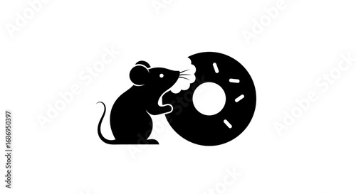 Black silhouette icon of a cute mouse eating a donut.