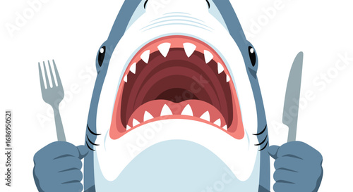 Hungry shark with open mouth holding fork and knife ready to eat a meal underwater ocean predator marine life