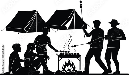 Silhouette of people camping with tents and cooking food over a campfire Keywords: camping, silhouette, people, tents, campfire