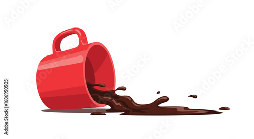 Red ceramic mug tipped over spilling dark liquid chocolate drink on white background