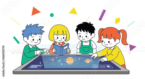 Children exploring the cosmos engaging with interactive space learning technology together