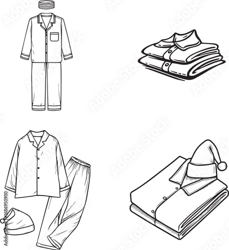 Black and white sketches of folded pajamas sleepwear and nightwear accessories for comfort silhouette