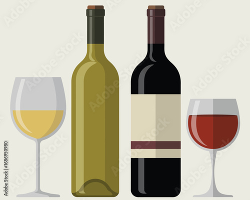 Two bottles of wine one white and one red with glasses filled with wine