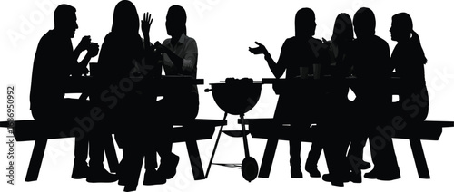 Silhouette of people sitting at picnic tables with a barbecue grill vector illustration