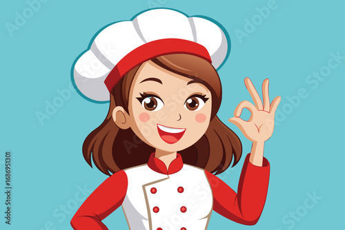 Delightful Chef Demonstrating the Okay Gesture Expressing Expertise and Confidence in Culinary Artistry and Creating a Pleasing Visual Representation