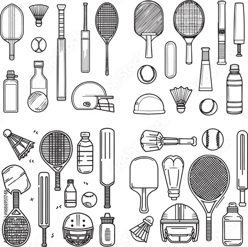 Assorted sports equipment line art collection featuring rackets balls bats helmets and bottles silhouette
