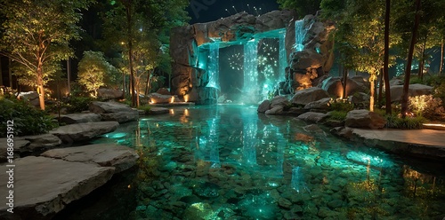 Magical waterfall oasis glows with enchanting night lights