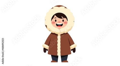 Cheerful child wearing warm winter clothing with fur trimmed hood ready for frosty outdoor adventures and snowy fun