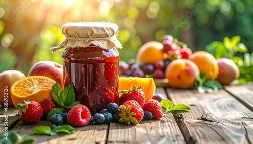 Fruit jam jar outdoor setting