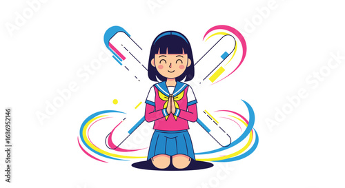 Adorable anime girl with joined hands and colorful abstract wings creating a positive and joyful atmosphere for everyone