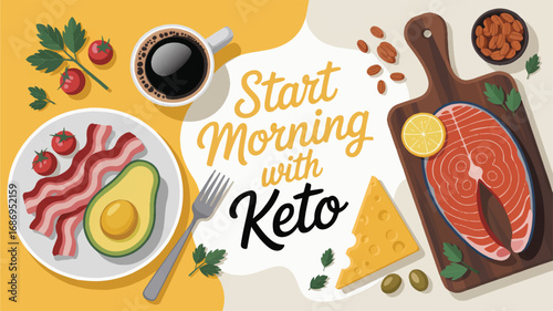 Keto breakfast spread with coffee bacon avocado salmon cheese and olives food meal
