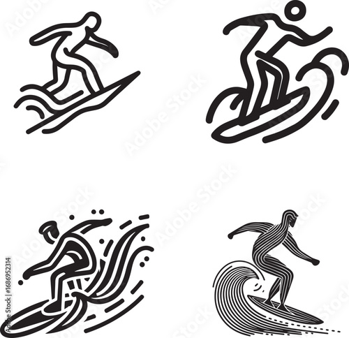 Dynamic surfer icon set capturing the thrill of riding ocean waves silhouette