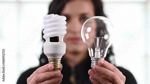 Woman Displaying Energy Efficient and Incandescent Bulbs Against White Background Featuring Incandescent Bulb and CFL Bulb Partially Visible with a Blurred Face for Comparison Purposes
