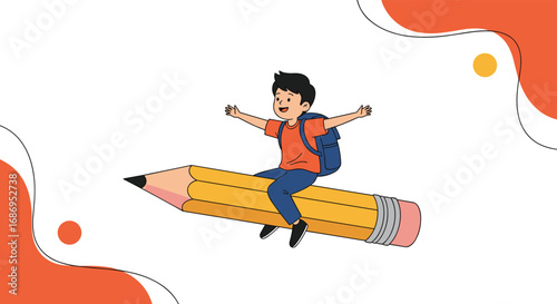 Imagination takes flight a young student soars high on a giant pencil a symbol of learning and adventure