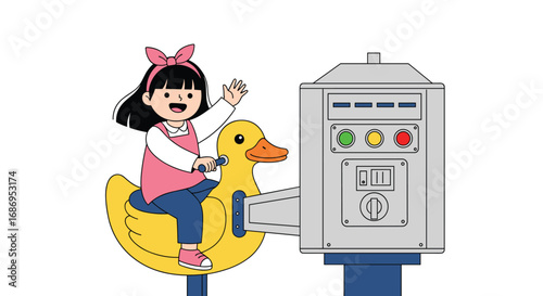 A young girl enjoys a delightful ride on a bright yellow duck shaped amusement attraction next to a colorful control panel
