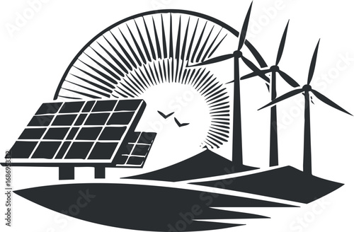 Black and white illustration of renewable energy with solar panels and wind turbines generating clean power