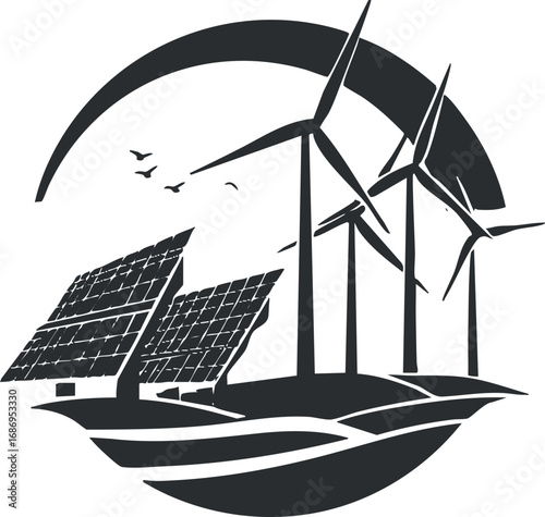 Black and white illustration of solar panels and wind turbines symbolizing renewable energy sources