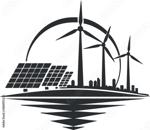 Vector illustration of renewable energy sources with solar panels and wind turbines for sustainable power