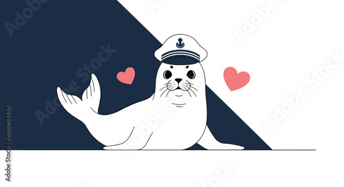 Adorable seal wearing captain hat with hearts adorable maritime animal character design