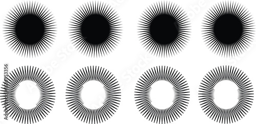Eight circular objects with radiating lines arranged in two rows on a plain white background studio shot