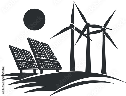 Black and white illustration of renewable energy with solar panels and wind turbines on a hill under the sun.