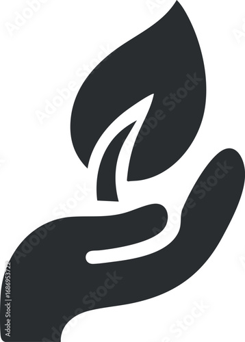 Silhouette of a hand holding a leaf symbolizing care for nature and environmental protection
