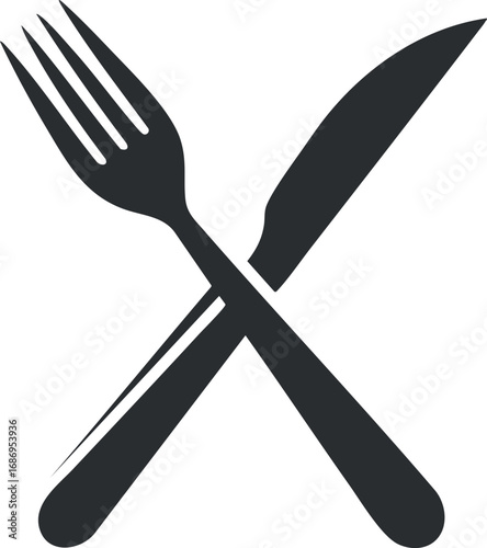 Black icon of crossed fork and knife representing dining, food service, and meal times