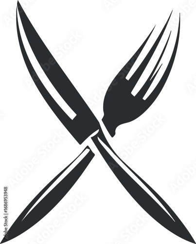 Black and white illustration of a crossed knife and fork representing dining and cutlery