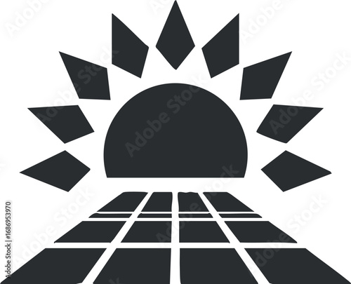 Illustration of sun rising above solar panels symbolizing solar energy and renewable power concept