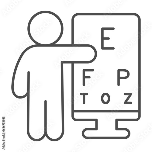 Doctor man at poster with letters thin line icon, ophthalmology session concept. Vector graphics. Letters banner and human sign on white background, outline style icon for mobile or web design.