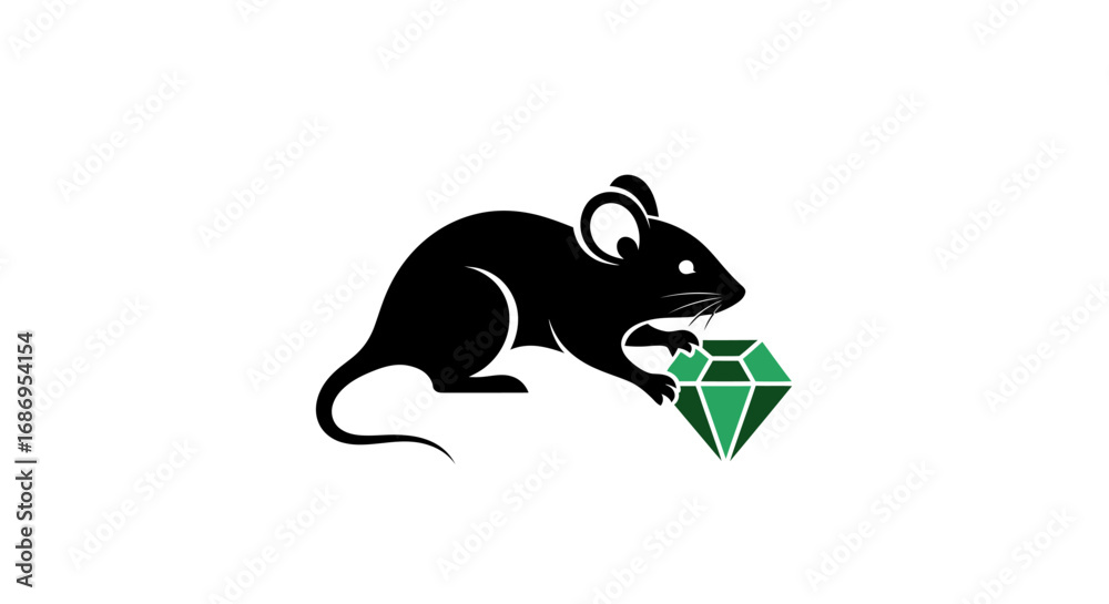 Obraz premium Black mouse silhouette holding a precious green diamond.