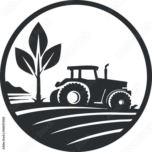 Black and white silhouette of a tractor working in a field with a tree and rural landscape background