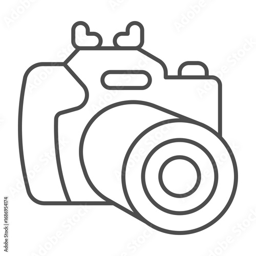 Camera with lenses for multi zoom thin line icon, optical equipment concept. Vector graphics. Photo camera sign on white background, outline style icon for mobile or web design.
