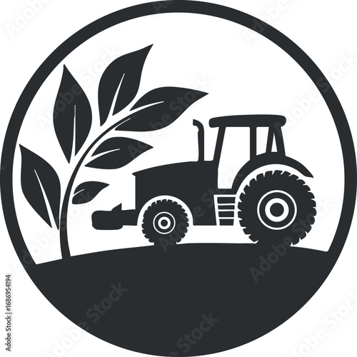 Silhouette of a tractor on farmland next to a growing plant symbolizing agriculture and farming