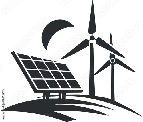 Silhouette of solar panels and wind turbines on a hill representing renewable energy sources and sustainable power.