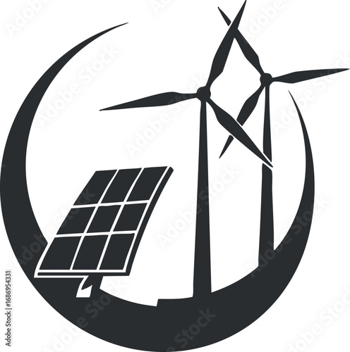 Black silhouette icon showing renewable energy sources with solar panel and wind turbines in crescent shape