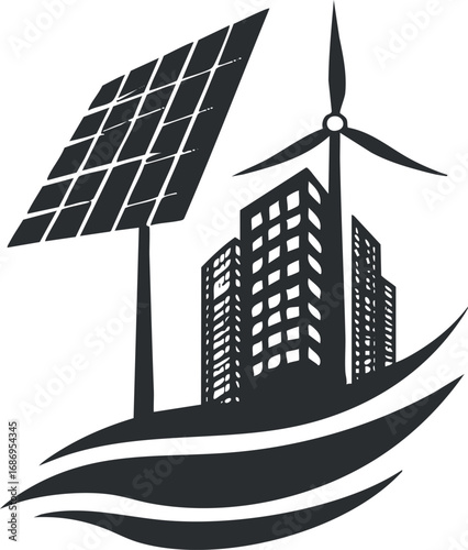 Black and white illustration of renewable energy with solar panel wind turbine and city buildings symbolizing sustainable urban development