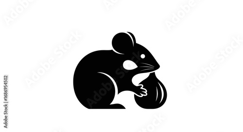 Simple black silhouette of a mouse holding a large nut icon.
