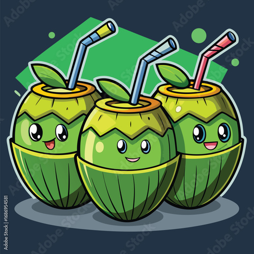Delightful Trio of Cartoon Coconuts Ready to Quench Your Thirst a Refreshing and Playful Tropical Scene