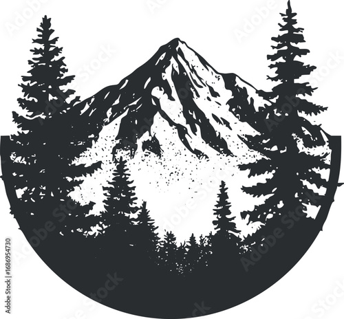 Black and white silhouette of pine trees surrounding a rugged mountain peak in a natural forest setting