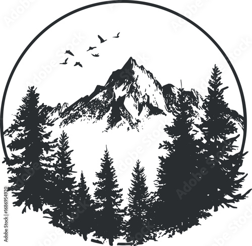 Black and white silhouette of a mountain peak surrounded by pine trees and flying birds inside a circular frame