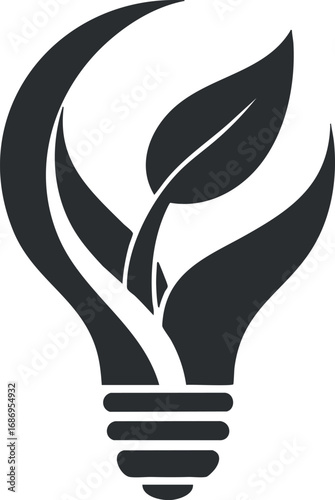 Black and white eco lightbulb icon with a leaf inside symbolizing green energy and sustainability