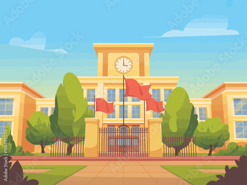 Grand school building with flags and trees under a blue sky