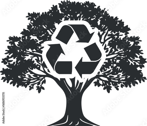 Black silhouette of a tree with a prominent recycling symbol integrated into the branches representing environmental sustainability and conservation